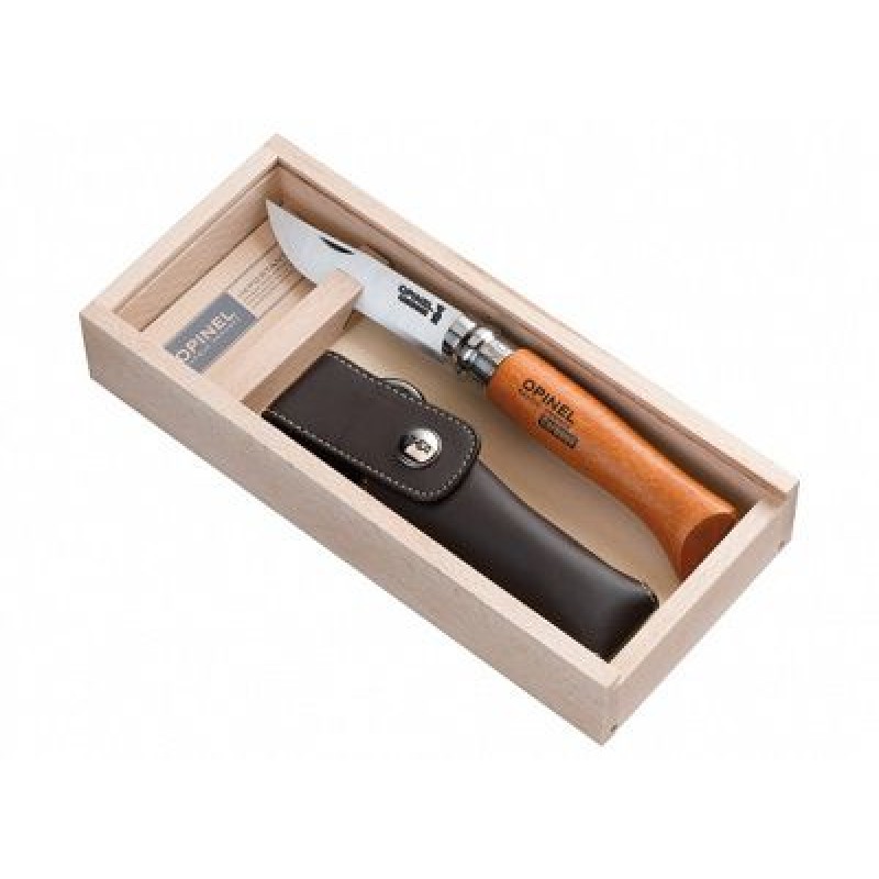 Opinel No.8 Carbon Steel Pocket Knife with Beech Handle & Leather Sheath Gift Set