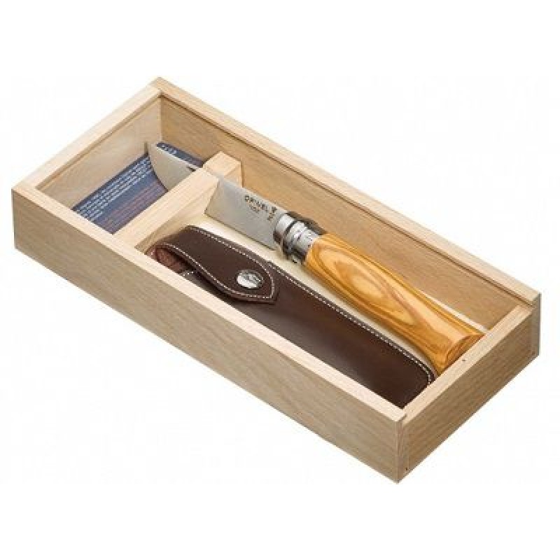 Opinel No.8 Olive Pocket Knife and Pouch Gift Set - 3.14" Blade
