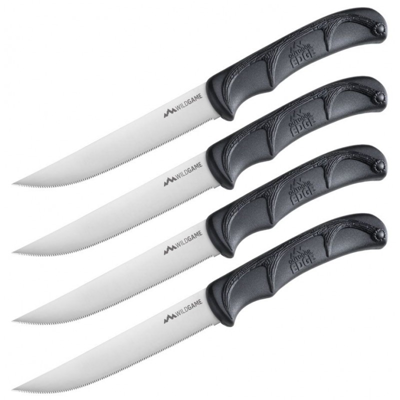 Outdoor Edge Wildgame 4pc Steak Knife Set 5" Satin Serrated Blades, Black Handles