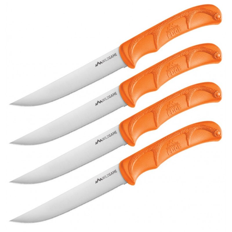 Outdoor Edge Wildgame 4pc Steak Knife Set 5" Satin Serrated Blades, Blaze Orange Handles