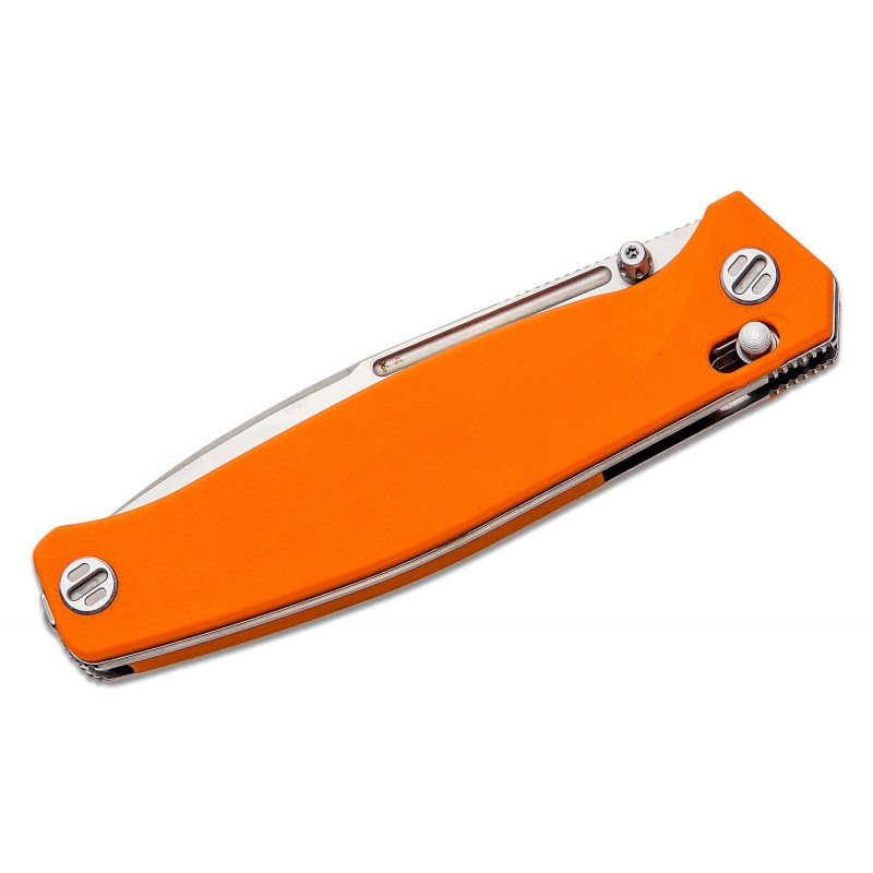 Real Steel Huginn Slide Lock Folding Knife - 3.66" VG-10 Satin DP Blade Orange G10 Handle Crossbar Lock