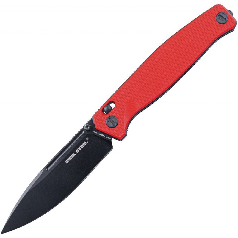Real Steel Huginn Slide Lock Folding Knife - 3.66" Black VG-10 DP Blade Red G10 Handle Crossbar Lock