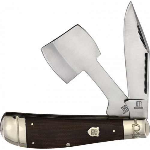 Rough Ryder Tater Skin Pocket Chopper Burlap - 3.74" Clip Blade and Hatchet Blade Brown Burlap Micarta Handle