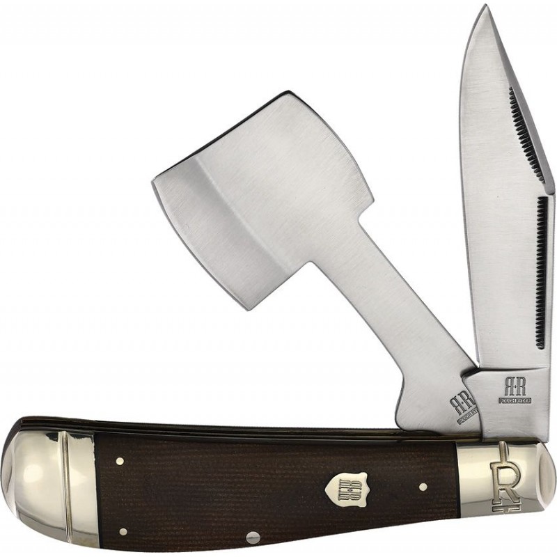 Rough Ryder Tater Skin Pocket Chopper Burlap - 3.74" Clip Blade and Hatchet Blade Brown Burlap Micarta Handle