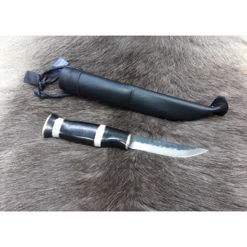 Wood Jewel Leatherknife - 3.74" Beaten Carbon Fixed Blade with Black Leather Handle