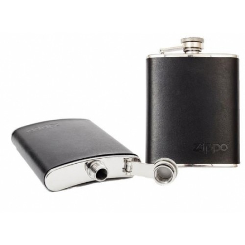 Zippo Stainless Steel Black Leather Wrapped Hip Flask