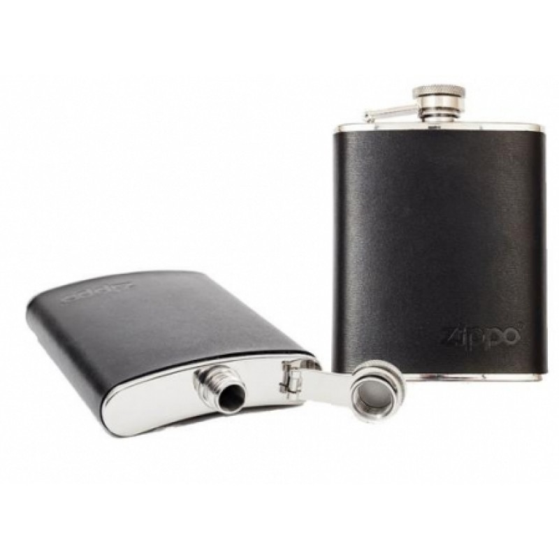 Zippo Stainless Steel Black Leather Wrapped Hip Flask