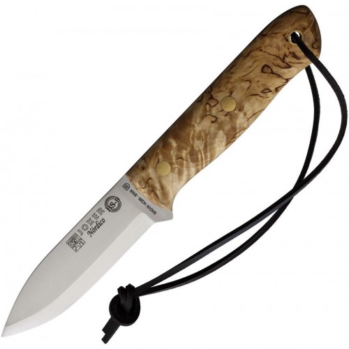 Joker CL115 Nordico Knife - 3.9" 12C28N Stainless Steel Blade Curly Birch Handle Leather Sheath