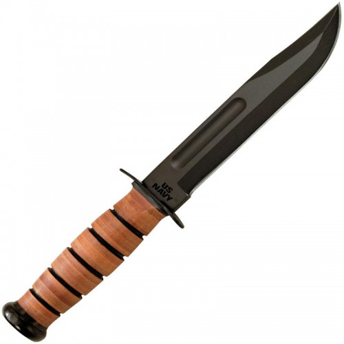 KA-BAR 1225 Full Size US Navy Fighting Knife 7" Plain Blade, Leather Handle, Leather Sheath