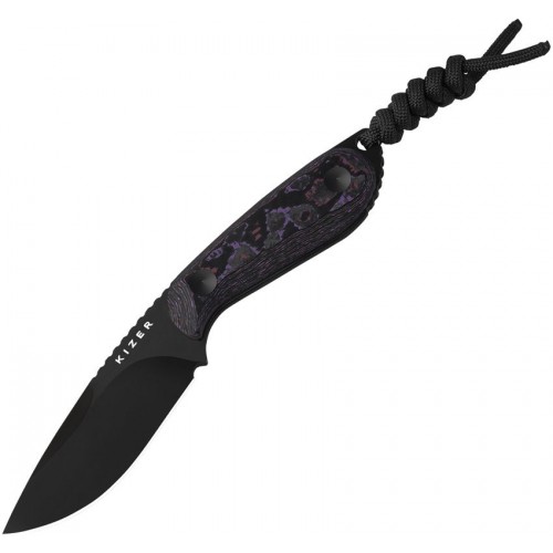 Kizer Buddy Fixed Blade Knife - 3" CPM-4V Polished Black DLC DP Blade Purple Haze FatCarbon Handle