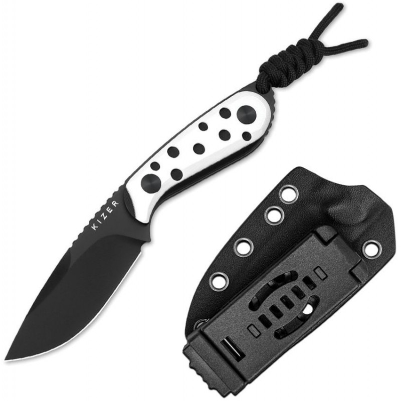 Kizer Buddy Fixed Blade Knife - 3" Nitro-V DP Blade Black and White G10 Handle