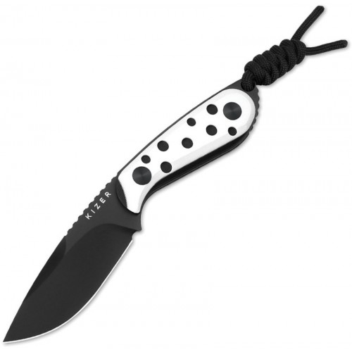 Kizer Buddy Fixed Blade Knife - 3" Nitro-V DP Blade Black and White G10 Handle