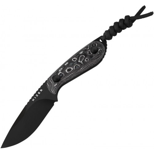Kizer Buddy Fixed Blade Knife - 3" Black DLC Coated M390 Stainless Steel Blade Whtie Storm CF Handle