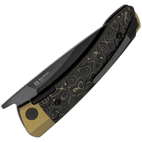 Kizer Mini Momo Folding Knife - 3.2" Black DLC Coated S90V Blade Gold Dark Matter CF Handle
