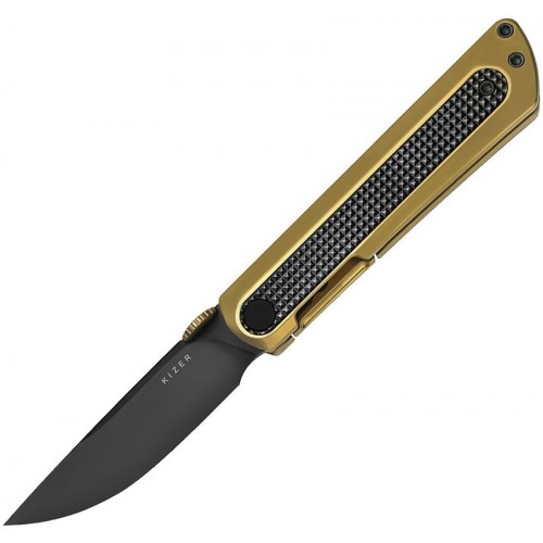 Kizer Quoll Folding Knife - 2.95" S45VN Black DLC Blade Bronze Titanium Handle Textured Zirconium Inlay