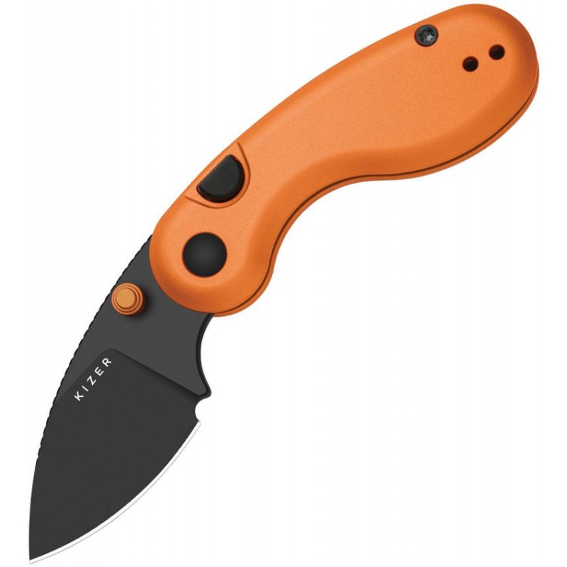 Kizer Microbe Button Lock Folding Knife - 2.13" Black 14C28N Stainless Steel DP Blade Orange Aluminum Handle