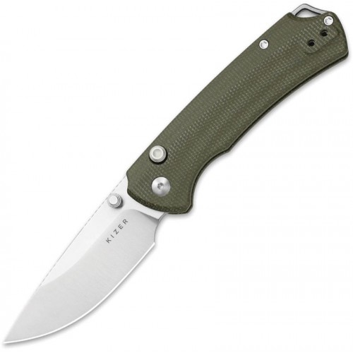 Kizer Hennicke Task I T1 BD Button Liner Lock Folding Knife - 3.2" Nitro-V Blade Olive Green Micarta Handles