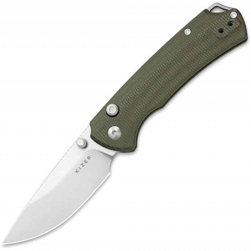 Kizer Hennicke Task I T1 BD Button Liner Lock Folding Knife - 3.2" Nitro-V Blade Olive Green Micarta Handles