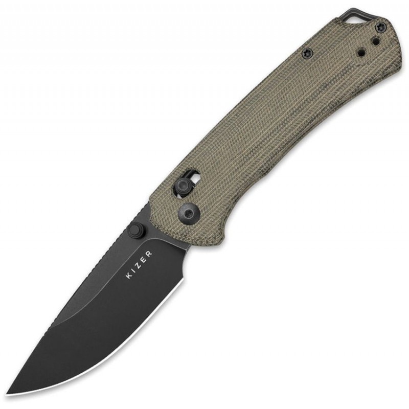 Kizer Hennicke Task I T1 CD Clutch Lock Folding Knife - 3.2" Nitro-V Black Blade Olive Green Norplex UltreX Micarta Handle