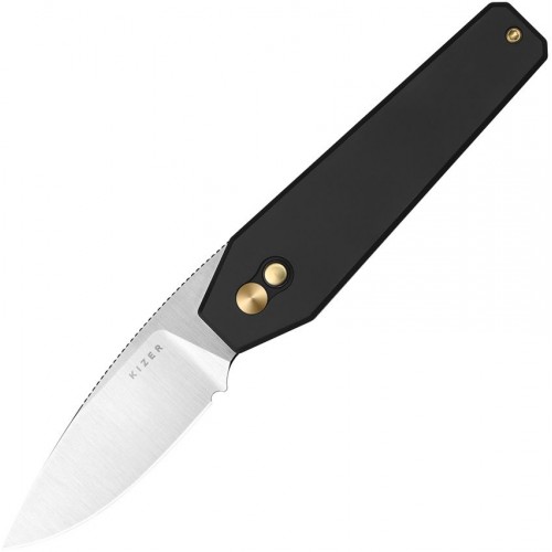 Kizer Tomb Button Lock Folding Knife - 3.21" Nitro-V Satin DP Blade Black Aluminum Handle
