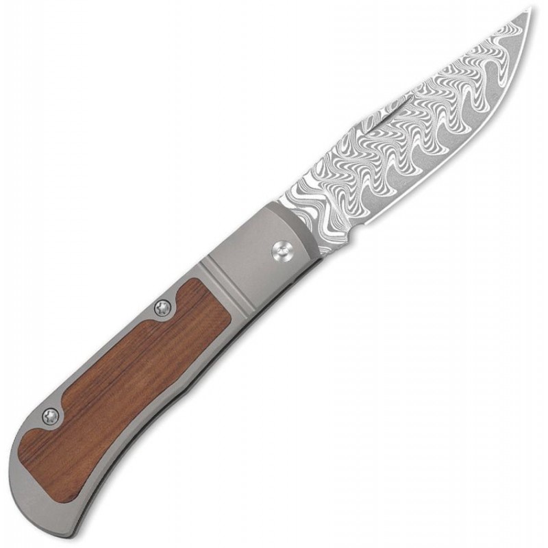 Kizer Trestle UK EDC Folding Knife - 2.88" Acid Washed Samascus Steel Blade Grey Titanium with Mkuruit Wood Inlay