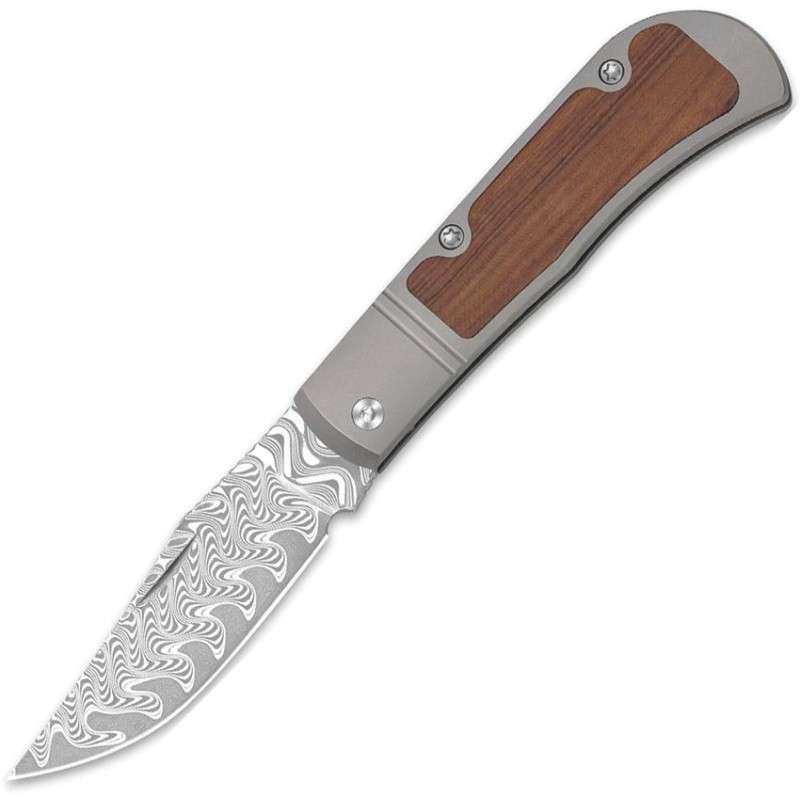 Kizer Trestle UK EDC Folding Knife - 2.88" Acid Washed Samascus Steel Blade Grey Titanium with Mkuruit Wood Inlay