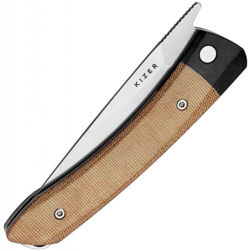Kizer Momo Folding Knife - 4.17" Nitro-V Satin DP Blade Natural Micarta Handle with Black G10 Bolster