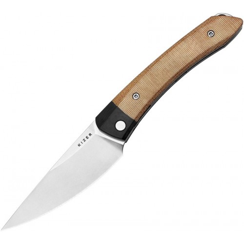 Kizer Momo Folding Knife - 4.17" Nitro-V Satin DP Blade Natural Micarta Handle with Black G10 Bolster