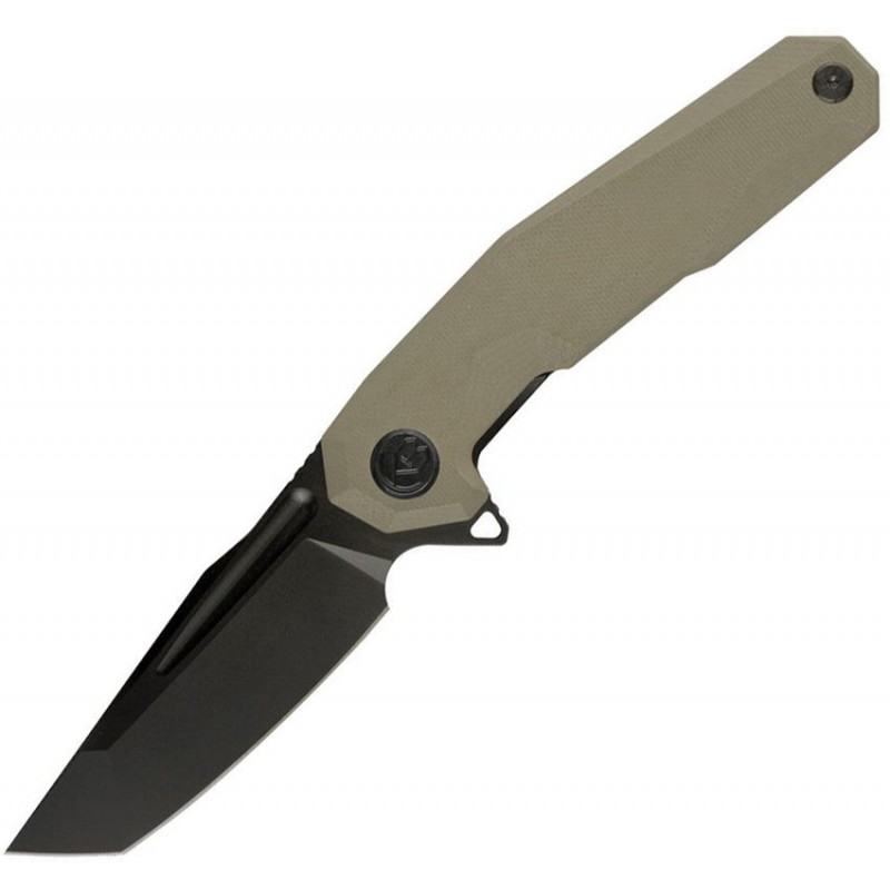 Kubey Carve Nest Folding Knife - 3.27" Black Coated 14C28N Steel Tanto Blade Tan G10 Handle