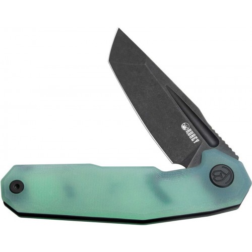 Kubey Carve Nest Folding Knife - 3.27" Black Coated AUS-10 Steel Tanto Blade Jade G10 Handle