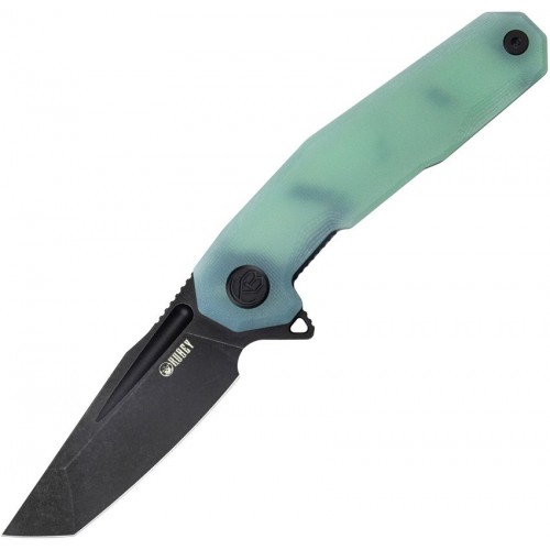 Kubey Carve Nest Folding Knife - 3.27" Black Coated AUS-10 Steel Tanto Blade Jade G10 Handle