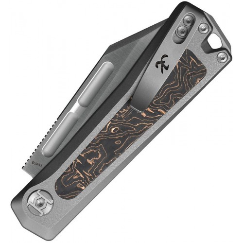 Kunwu Geezer Folding Knife - 3.22" Elmax CP Blade Gray Titanium Handle Copper Foil Carbon Fiber Inlays