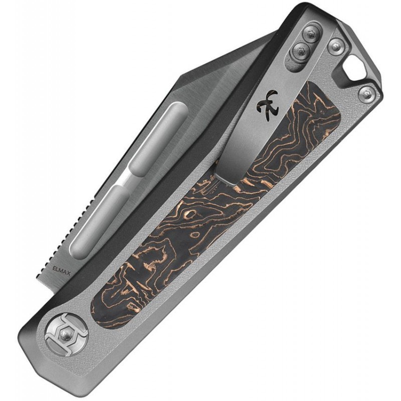 Kunwu Geezer Slipjoint Folding Knife - 3.22" Elmax CP Blade Gray Titanium Handle with Copper Foil Carbon Fiber Inlays