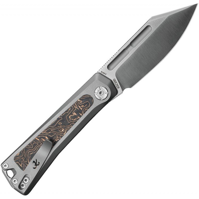 Kunwu Geezer Slipjoint Folding Knife - 3.22" Elmax CP Blade Gray Titanium Handle with Copper Foil Carbon Fiber Inlays