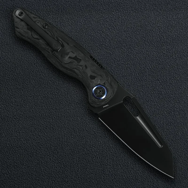Kunwu Geronimo Verta Lock Marble Folding Knife - 3.58" Black Vanax Blade Forged Marble Carbon Fibre Handle Cyclaire Knives and Tools