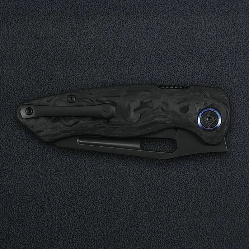 Kunwu Geronimo Verta Lock Marble Folding Knife - 3.58" Black Vanax Blade Forged Marble Carbon Fibre Handle Cyclaire Knives and Tools