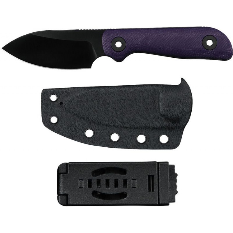 Kunwu Stiffy P Fixed Blade Knife - 3" Vanadis 8 Black DLC Blade Purple G10 Handle Kydex Sheath