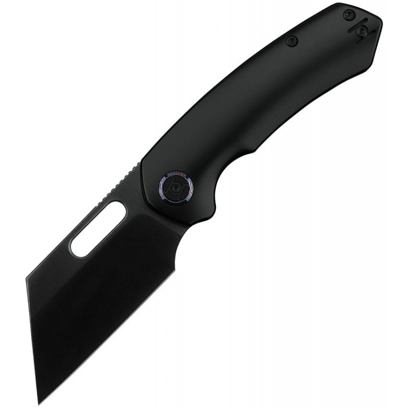Kunwu Primo Framelock Folding Knife - 3.25" Black DLC Vancron Steel Cleaver Blade Black DLC Titanium Handle
