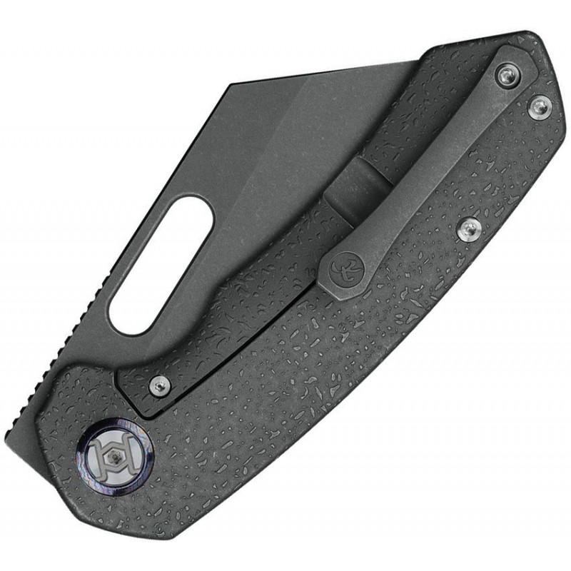 Kunwu Primo Framelock Folding Knife - 3.25" Grey Vancron Steel Cleaver Blade Raindrop Titanium Handle