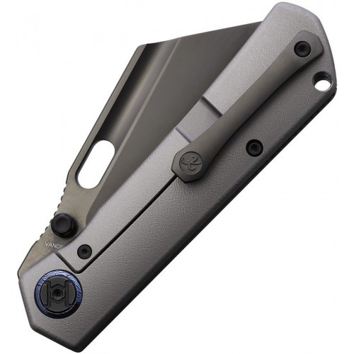 Kunwu Cochise Folding Knife - 3.46" Vancron Black DLC Blade Gray Orange Peel Titanium Handle CF Inlay