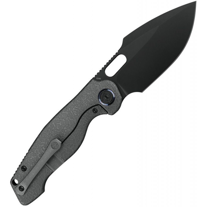 Kunwu Gringo Folding Knife - 3.63" S390 Black DLC Coated Stainless Steel Blade Honeydew Titanium Handle