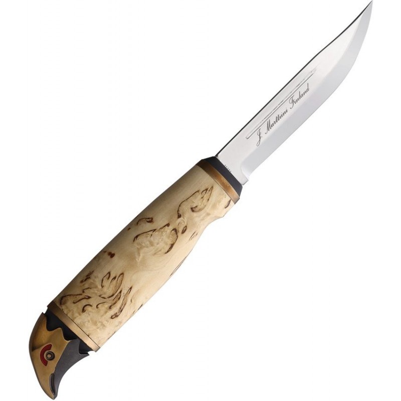 Marttiini Wood Grouse Knife - 4.25" Fixed Stainless Steel Blade Curly Birch Handle