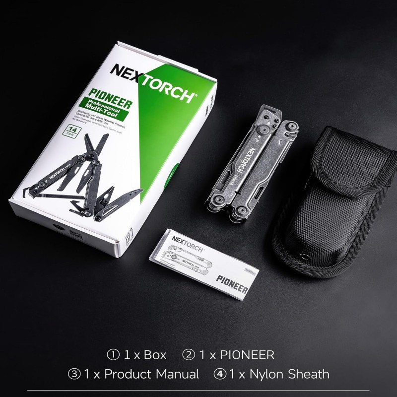 NexTorch Pioneer MT20 MultiTool Stone Grey - 15 Tools New Version Inc Glass Breaker