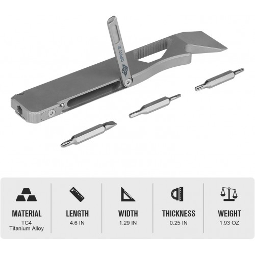 Oknife O-Pry 2 Multi-Tool Titanium - Pry, Screwdriver, 6 Sizes of Bits, Bottle Opener and More