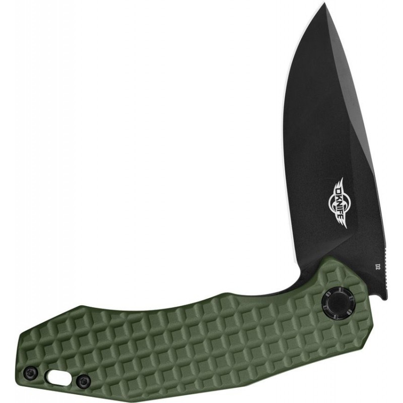 OKnife Spurdog Linerlock Folding Knife - 2.88" Black D2 Steel Blade OD Green Frag Pattern Aluminum Handle