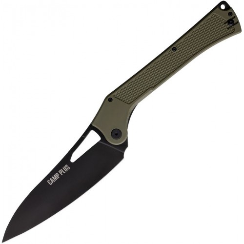 Ontario Camp Plus Folding Knife - 5.5" Black Powder Coated Cleaver Blade Green Handle