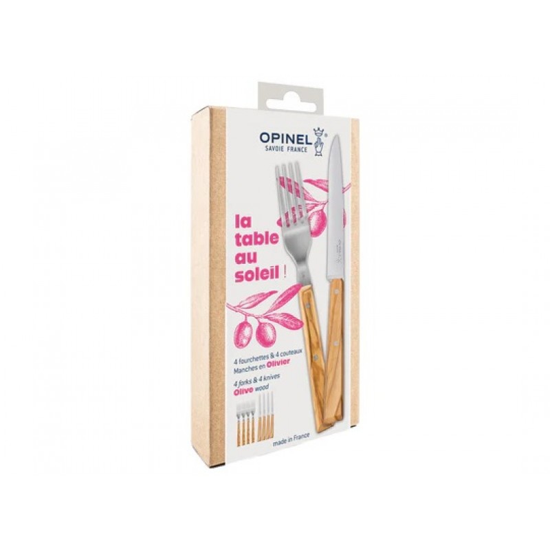 Opinel La Table au Soleil Premium Knife and Fork Set - 4 Olive Wood Forks and 4 Olive Wood Knives