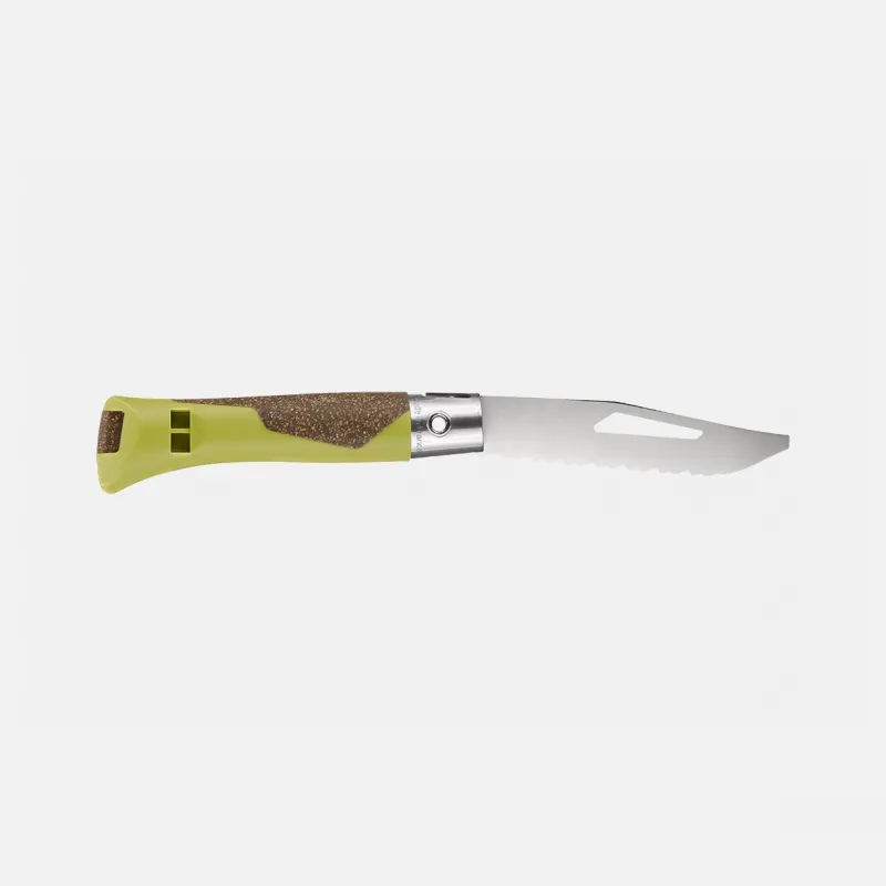 Opinel Neo7 Alpine Linden Folding Knife - 3.2" Serrated Stainless Steel Blade  Polypropylene and Cork Green Handle Cyclaire Knives and Tools