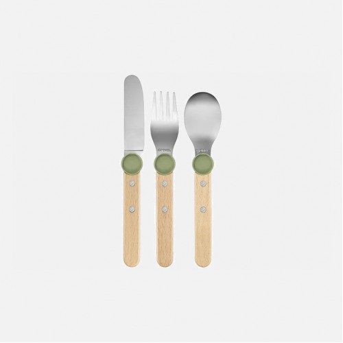 Opinel Le Petit Olive Green Gourmet Set for Kids - Knife (without cutting edge) Fork and Spoon