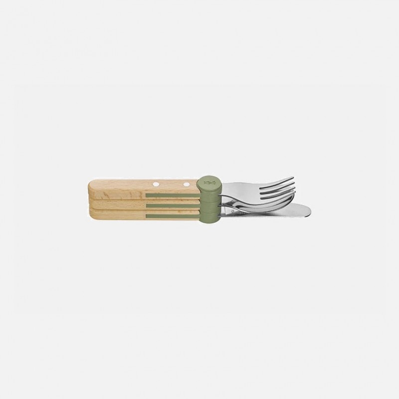 Opinel Le Petit Olive Green Gourmet Set for Kids - Knife (without cutting edge) Fork and Spoon